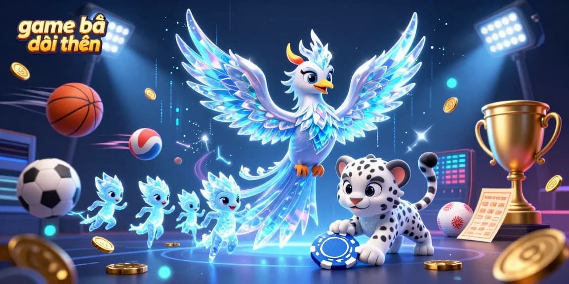 Engage in game bài đổi thưởng with an ice phoenix and sports elements in a vibrant 3D illustration.