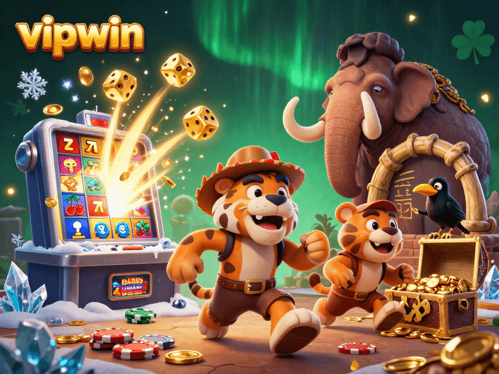 Experience thrilling fun at vipwin with a bustling prehistoric casino featuring exciting games and lively characters.