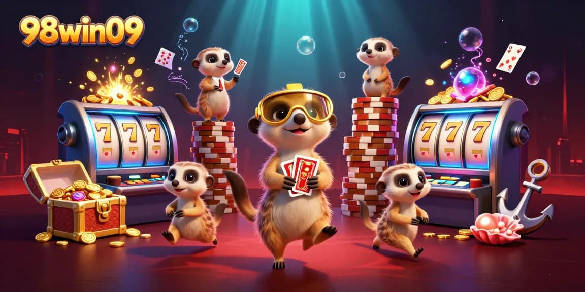 Experience thrilling action with 98win09, featuring meerkats in a vibrant casino scene.