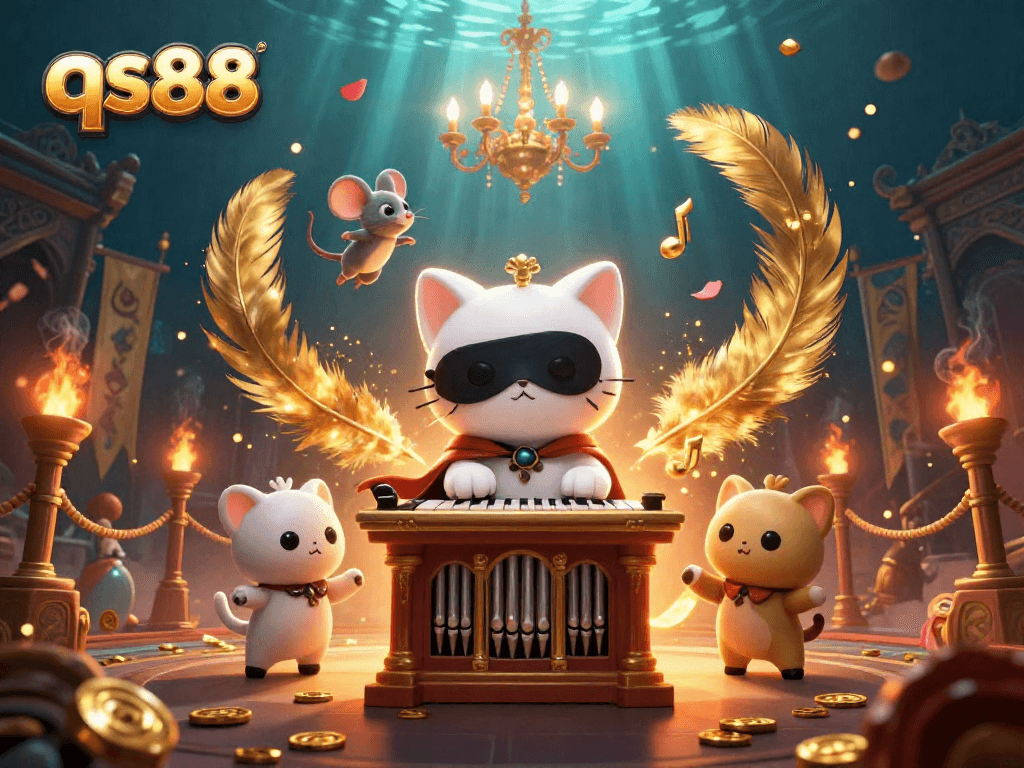 Experience the excitement of qs88 with a 3D casino scene featuring a whimsical phantom cat and dynamic game elements.