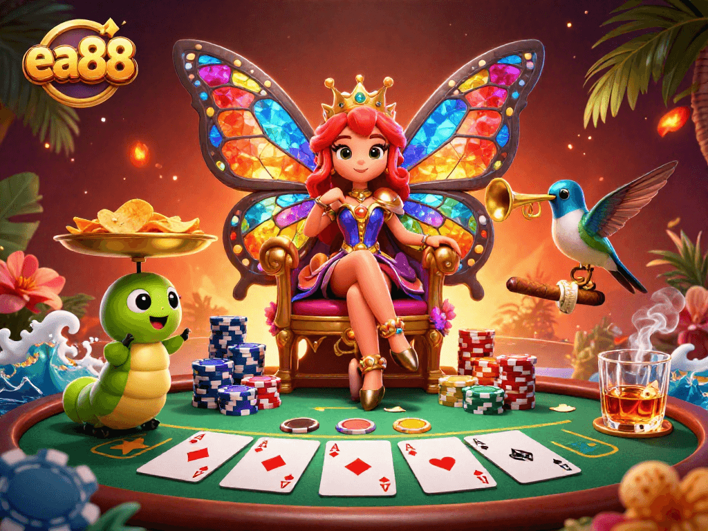 ea88 captivates players with a vibrant scene of a butterfly queen and poker elements fueling excitement.