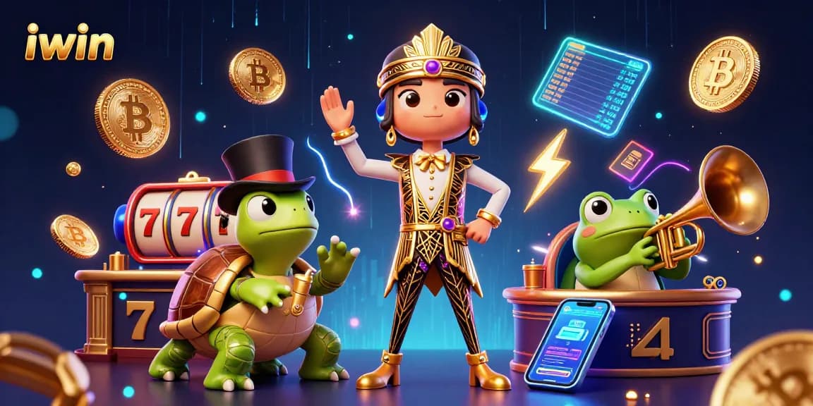 Engage with the vibrant iwin casino scene as characters play amidst crypto coins and classic slot elements.
