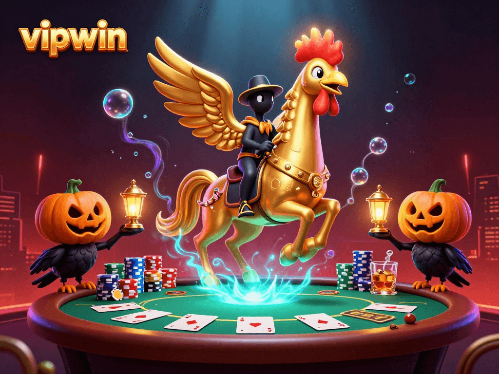 Experience thrilling gaming with vipwin while the golden rooster rides through a vibrant casino