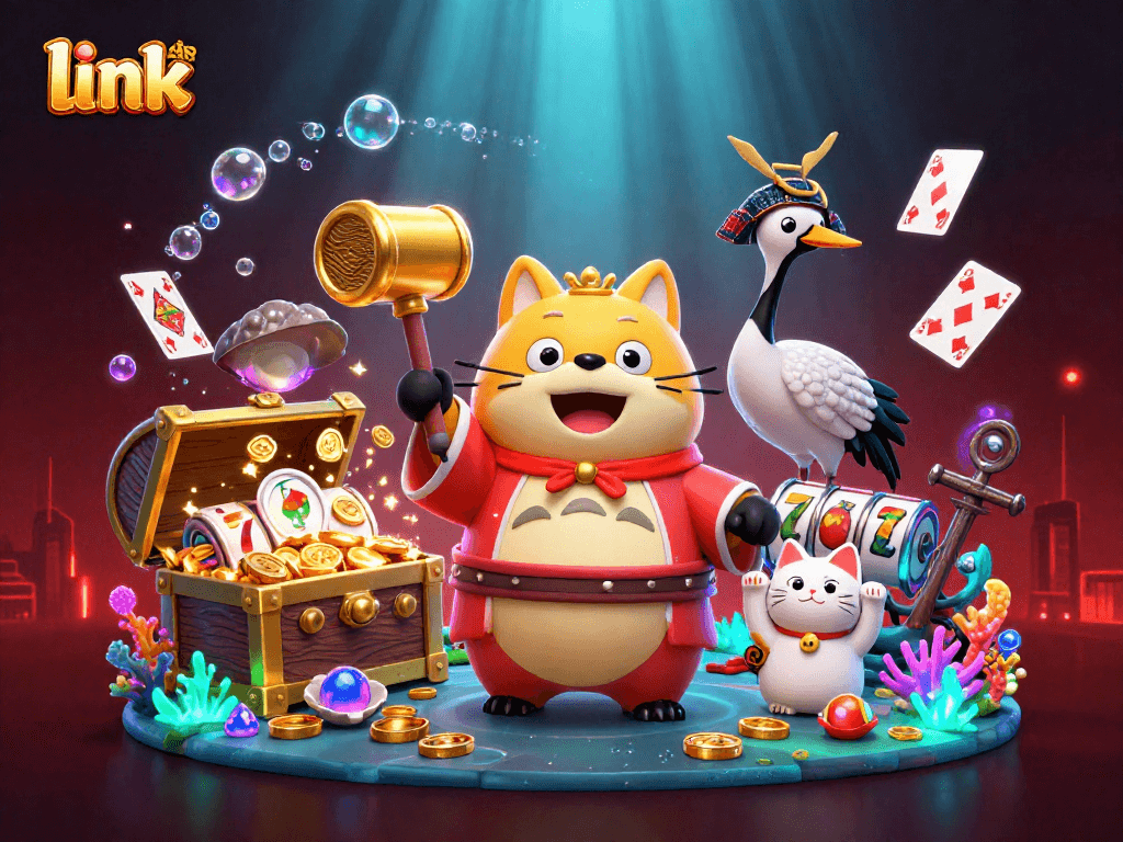 Spin to win with link Ao88 in this vibrant casino-themed illustration featuring exciting game elements.