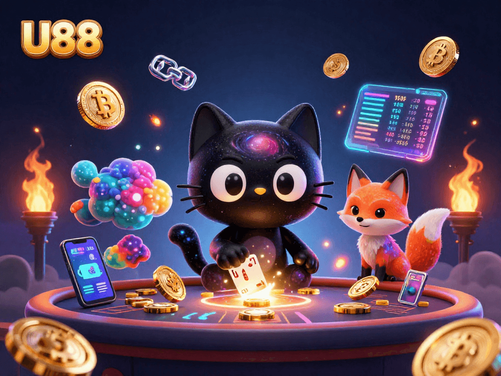 Join the thrilling U88 experience as the cosmic casino cat spins golden chips and cards!