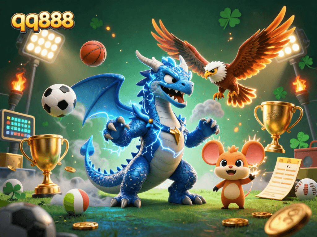 Experience the thrilling world of gambling with qq888, showcasing exhilarating sports betting action and vibrant characters.