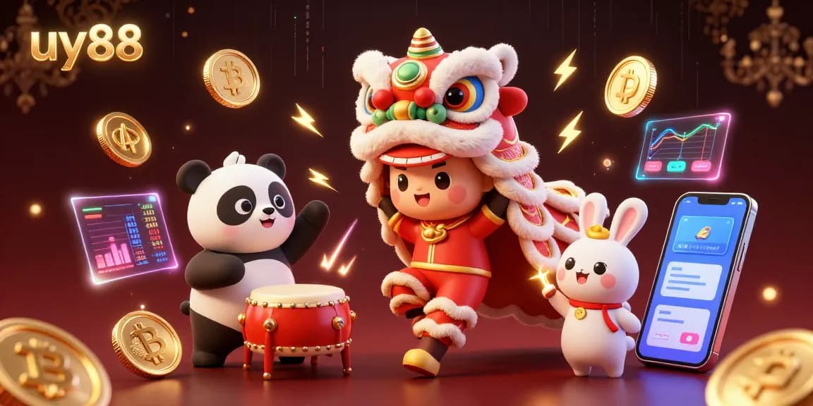 Engage in exciting gambling with uy88, illustrated by a vibrant 3D Chinese New Year lion dance, surrounded by crypto coins.