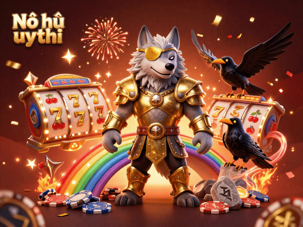 Nổ hũ uy tín showcases thrilling slot reels and mystical Norse characters in a vibrant casino setting.