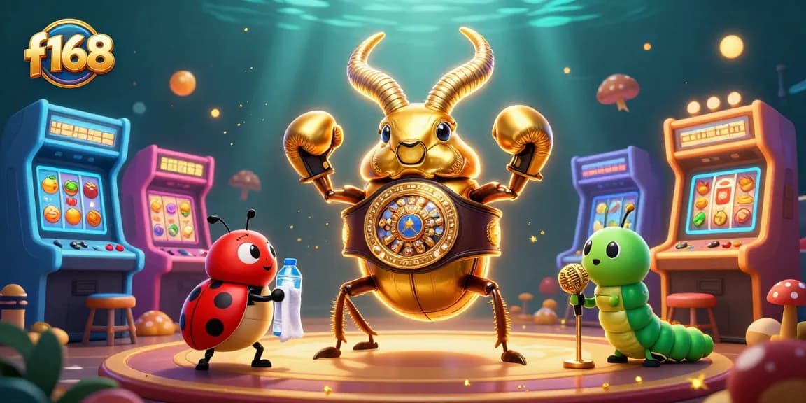 Engage in vibrant gaming action with f168 featuring a golden stag beetle boxing amid colorful casino elements.