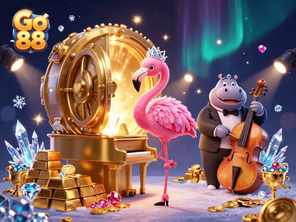 Experience the vibrant Go 88 casino scene with a flamingo singer and hippo bassist in a dazzling 3D illustration.