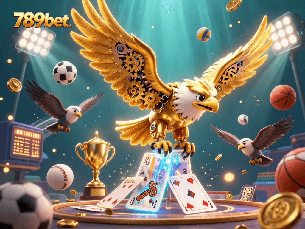 Experience the thrill of 789bet with a dynamic 3D casino scene featuring a golden eagle amidst sports betting excitement.