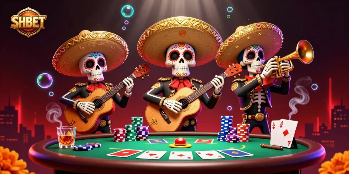 Engage with SHBET’s vibrant mariachi casino scene filled with poker elements and colorful sugar skulls.