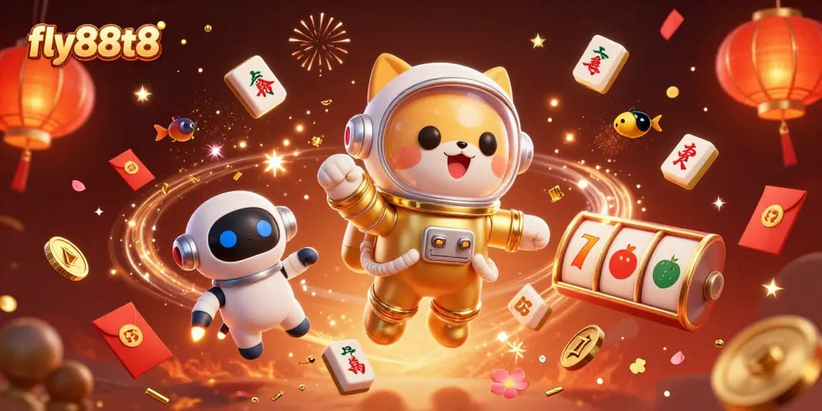 Experience fly88t8 with an astronaut cat, slots, and festive elements glowing in a vibrant cosmic scene.