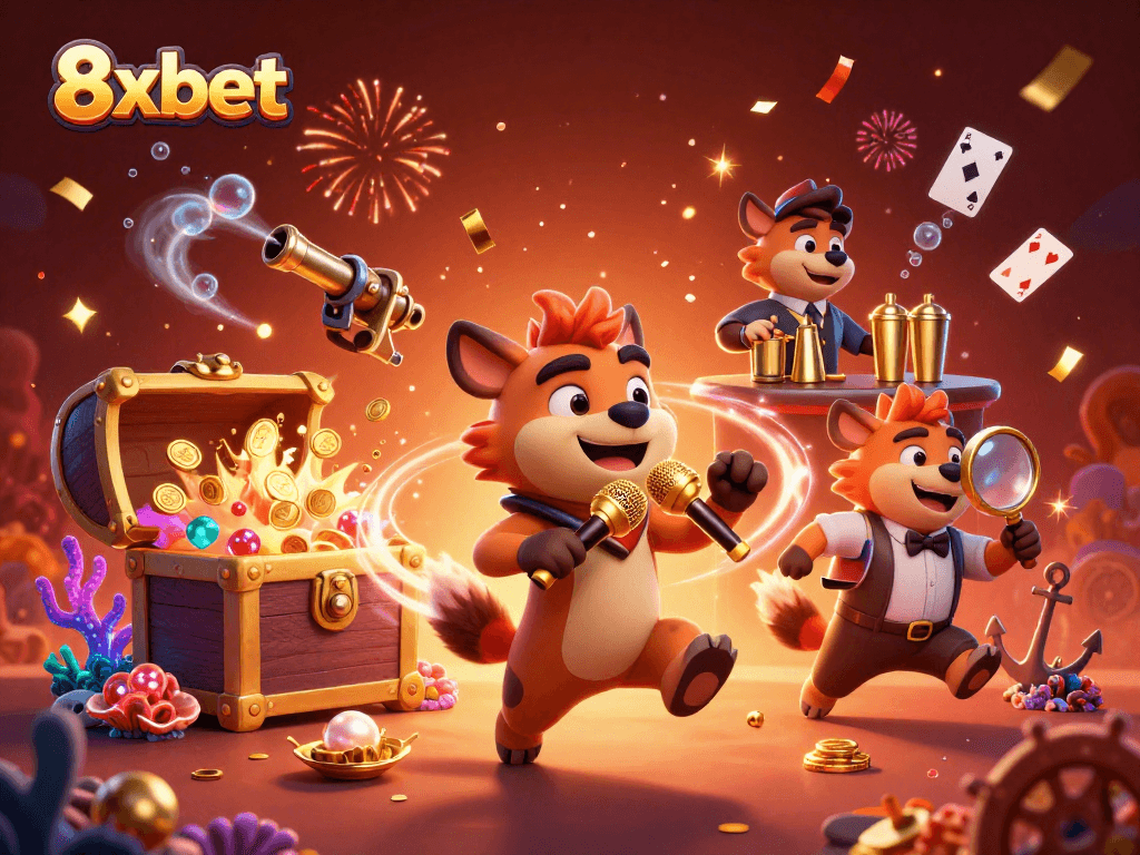 Engaging 8xbet casino scene with hyena comedians and magical gaming elements.