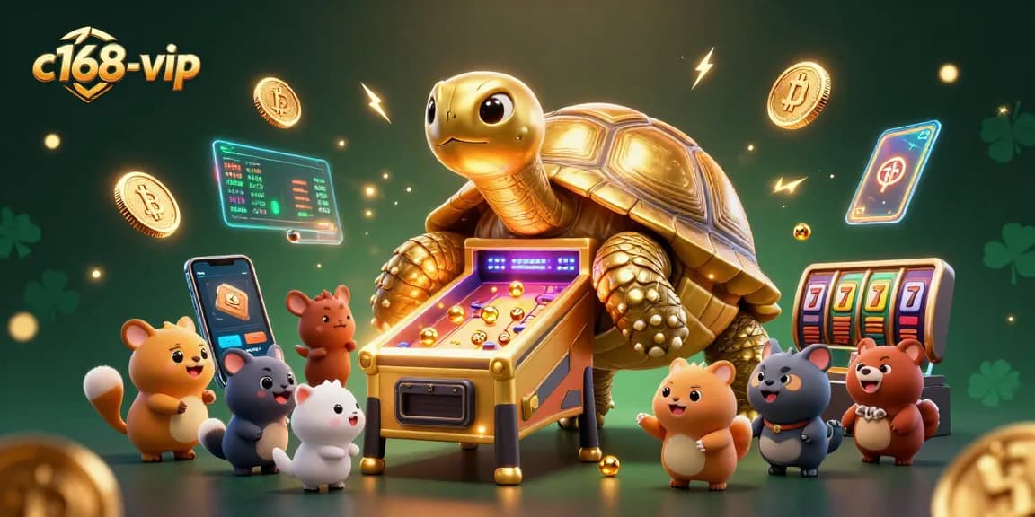 Engage in thrilling gaming at c168-vip with cartoon tortoise and crypto elements in a rich casino scene.