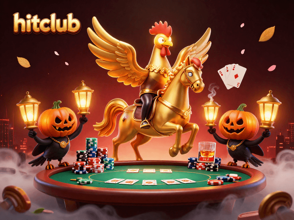 Hitclub showcases vibrant gambling action with a golden rooster and poker elements in an exciting casino.