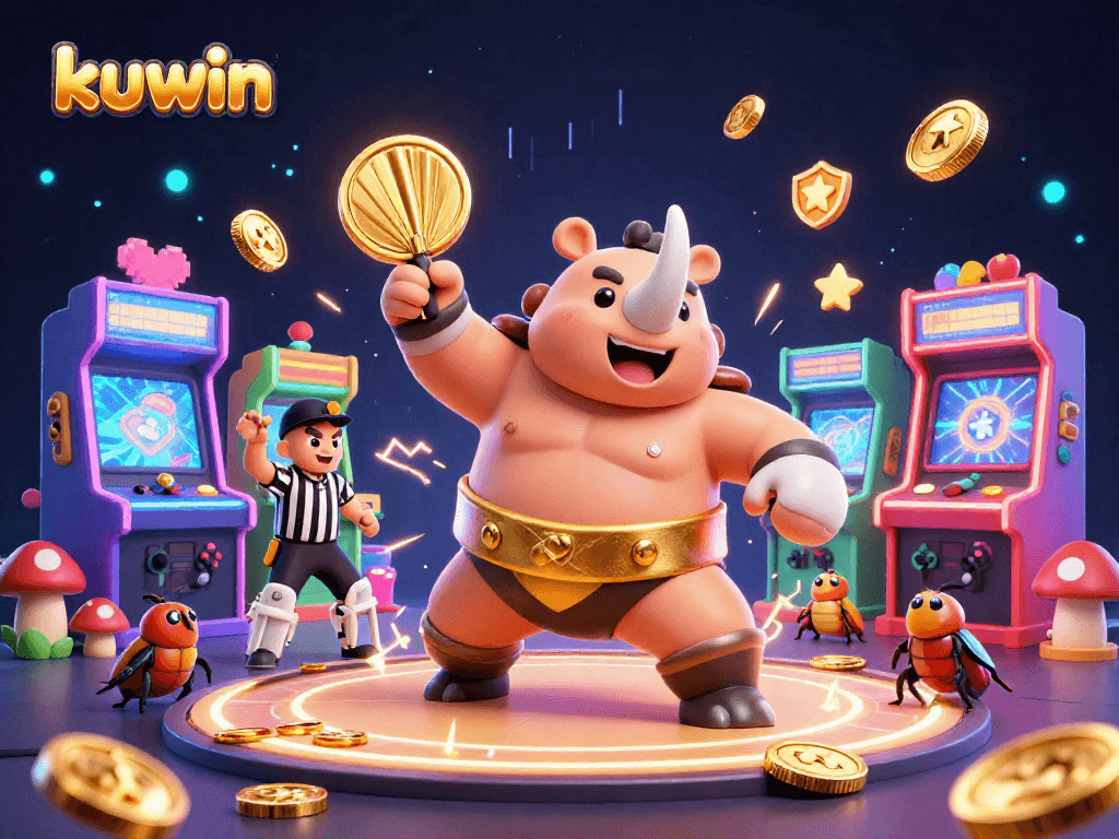 Experience thrilling gameplay with kuwin as a rhinoceros beetle sumo champion unleashes gold coins in an electrifying casino scene.