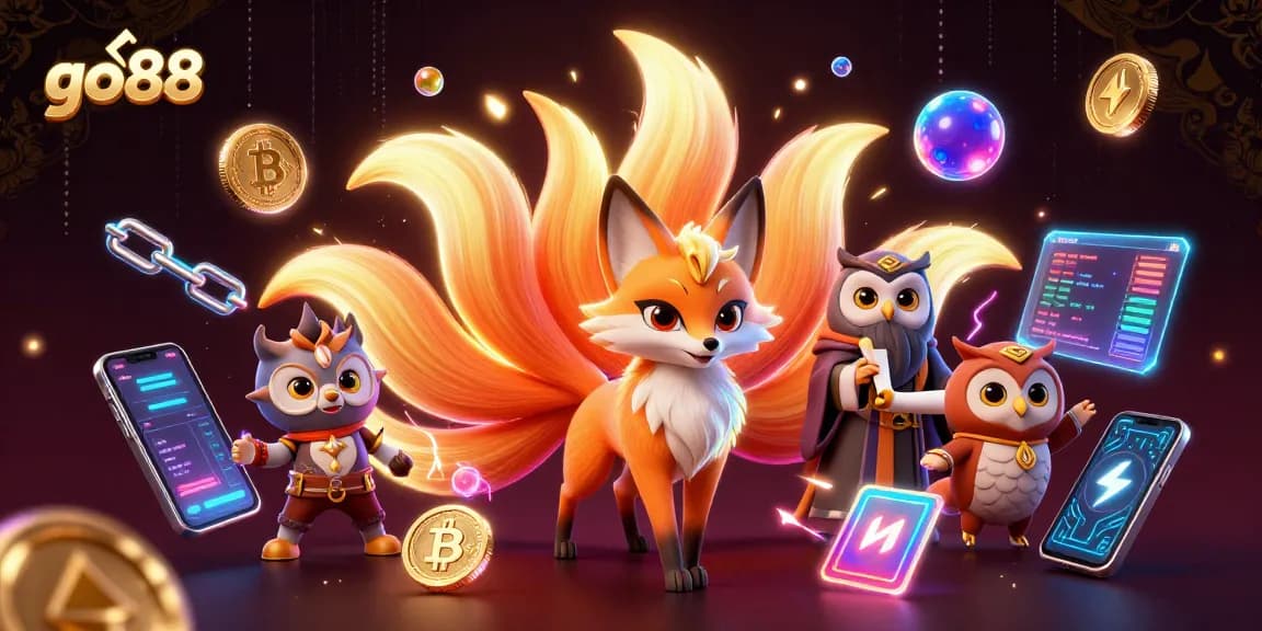 Engage with go88 in this vibrant 3D casino scene featuring crypto elements and animated characters.