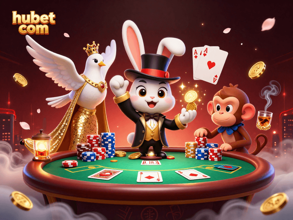 Experience the excitement of hubet com with a magician rabbit, dove, and monkey at a vibrant poker table.