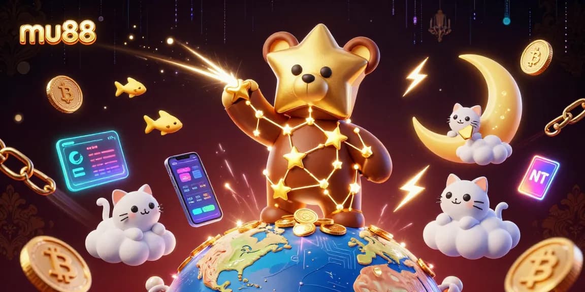 Win big with mu88, featuring golden star bear, crypto coins, and shooting stars in a vibrant casino scene.