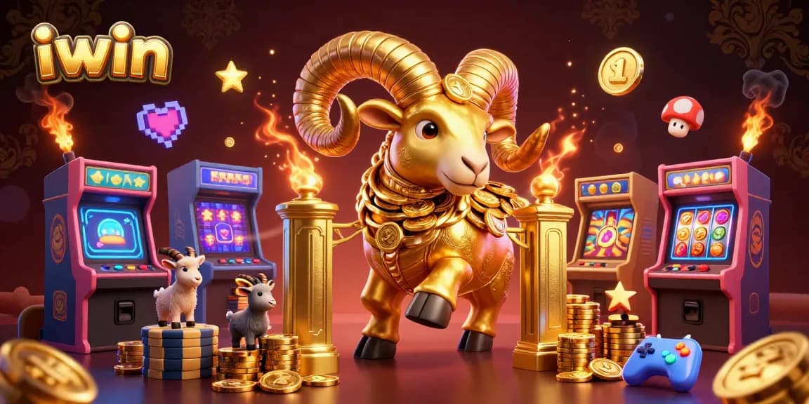 Experience exhilarating gaming action at iwin with a dynamic scene featuring a charging golden ram amidst vibrant casino elements.