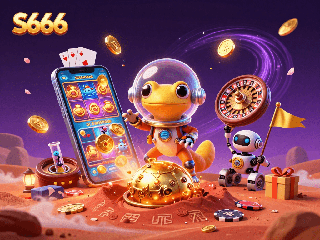 S666 reveals an exhilarating golden casino discovery on Mars as a gecko and robot celebrate with games.