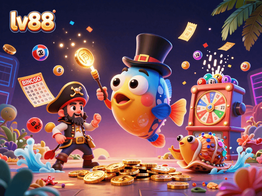 Immerse in lv88's thrilling environment with vibrant lottery elements and treasure-seeking characters.