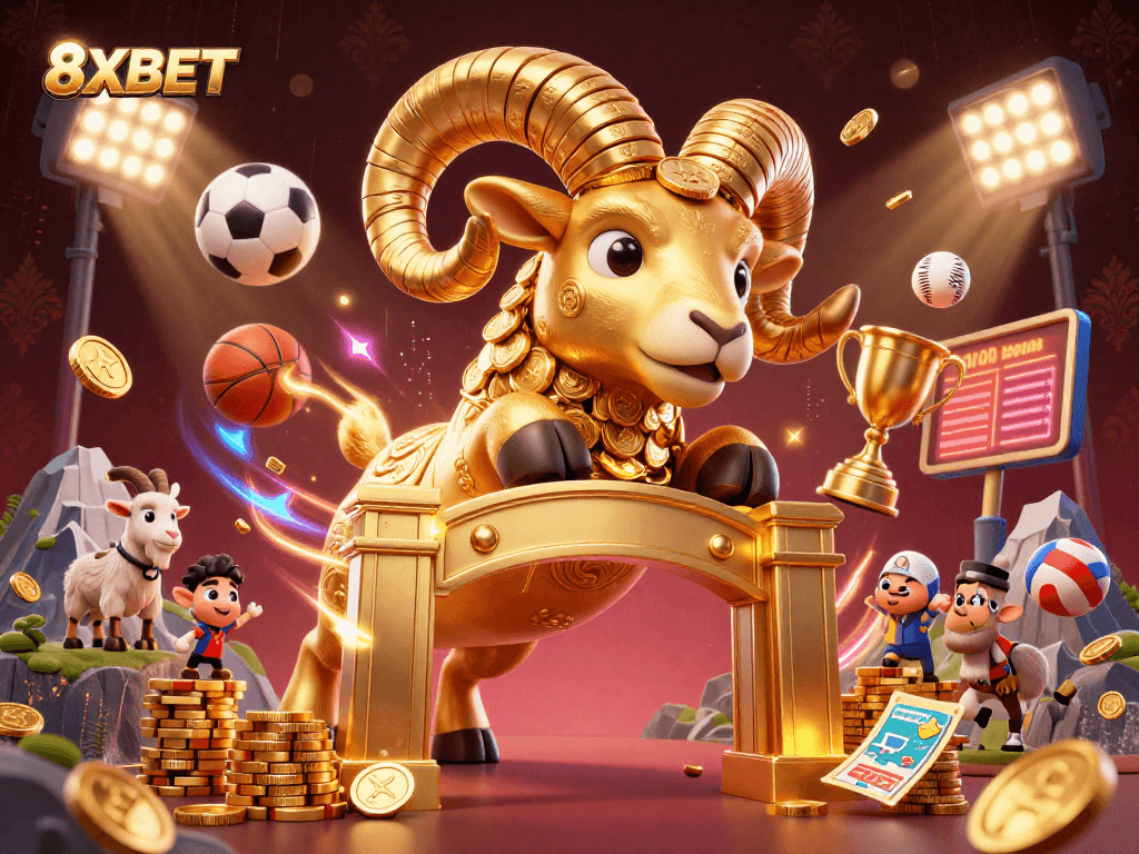 Experience thrilling gaming at 8XBET with dynamic sports elements and a gold coin backdrop.
