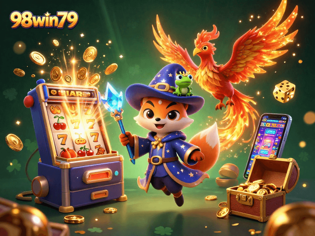 Engage in thrilling gaming adventure with 98win79's vibrant 3D casino illustration bursting with exciting elements.