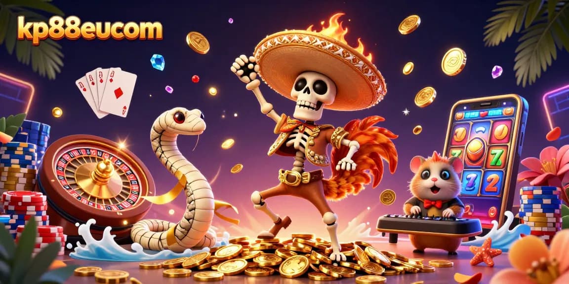 A vibrant gambling scene featuring kp88eucom characters, showcasing a skeleton mariachi rooster, mummy snake, and zombie DJ amidst winning slots and poker elements.