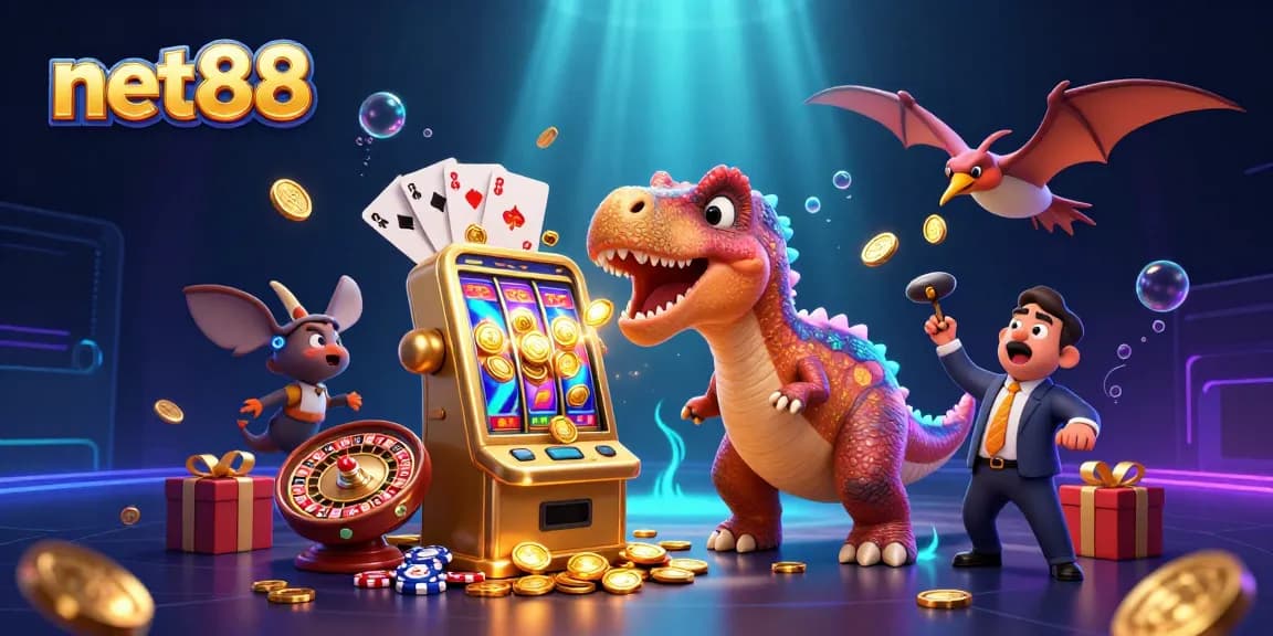 net88 slot machine illustration with dinosaurs and casino elements for vibrant gaming scene