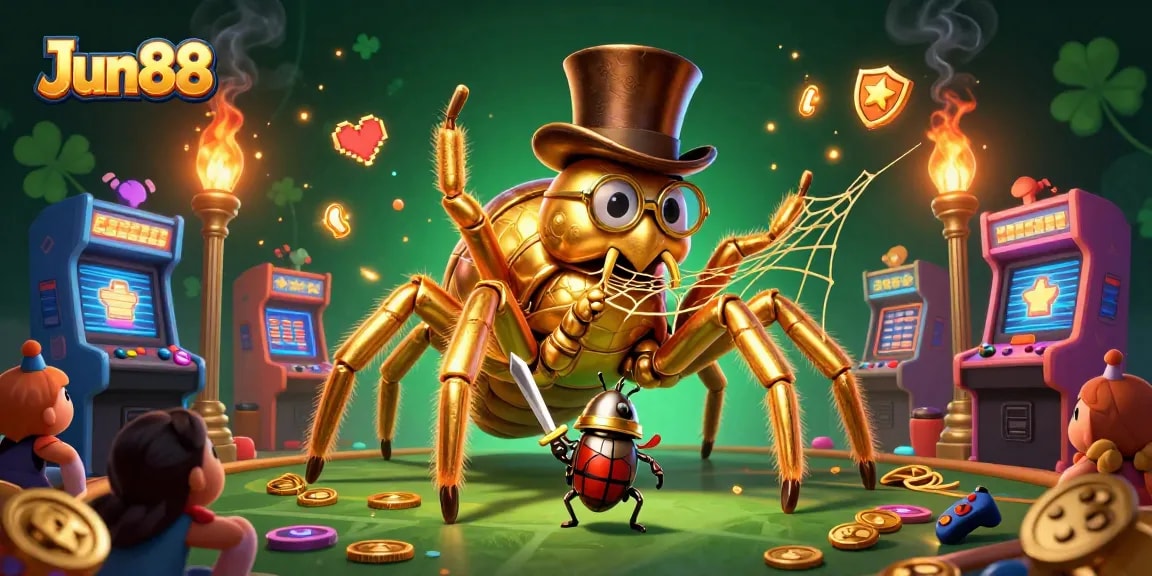 Unveil Jun88 secrets with a giant golden tarantula weaving casino threads amidst vibrant gaming elements