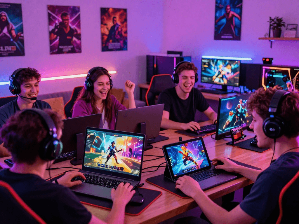 Exciting group of gamers enjoying a porno game experience on multiple devices in a vibrant gaming environment.