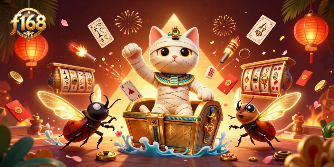 Experience thrilling gaming at f168 online casino with vibrant Egyptian-themed illustration featuring classic casino elements.