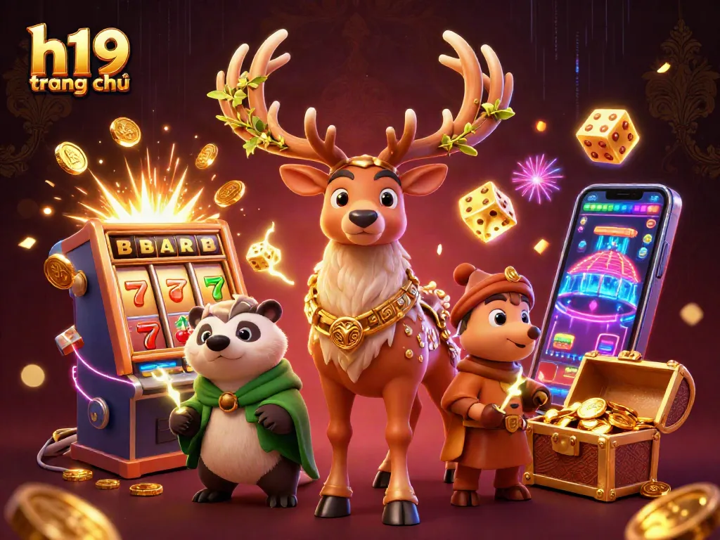 Experience stunning slots with h19 trang chủ featuring a vibrant 3D illustration of casino excitement.