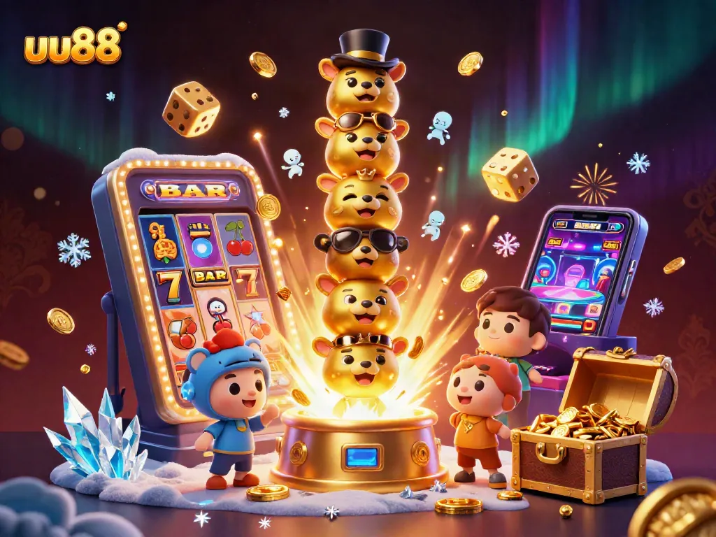 uu88 players indulging in thrilling slot adventures amid a spectacular casino scene.