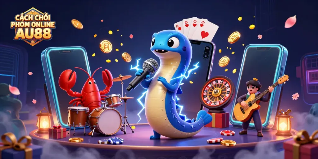 CÁCH CHƠI PHỎM ONLINE AU88 captured through a vibrant underwater casino scene with lively characters and game elements.