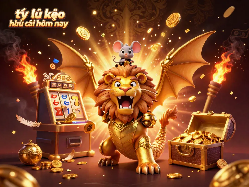 Experience the excitement of tỷ lệ kèo nhà cái hôm nay with a vibrant golden chimera and a jackpot explosion in this dynamic casino-themed illustration.