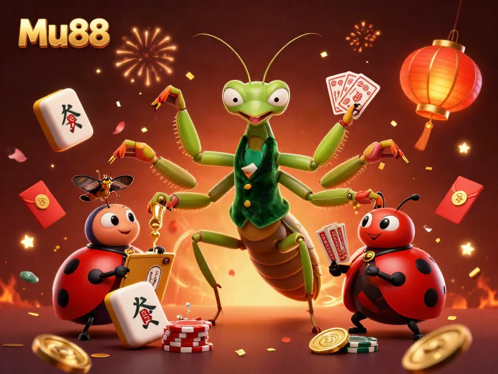 Experience the excitement of Mu88 with a dynamic, colorful casino scene featuring card games and vibrant characters.