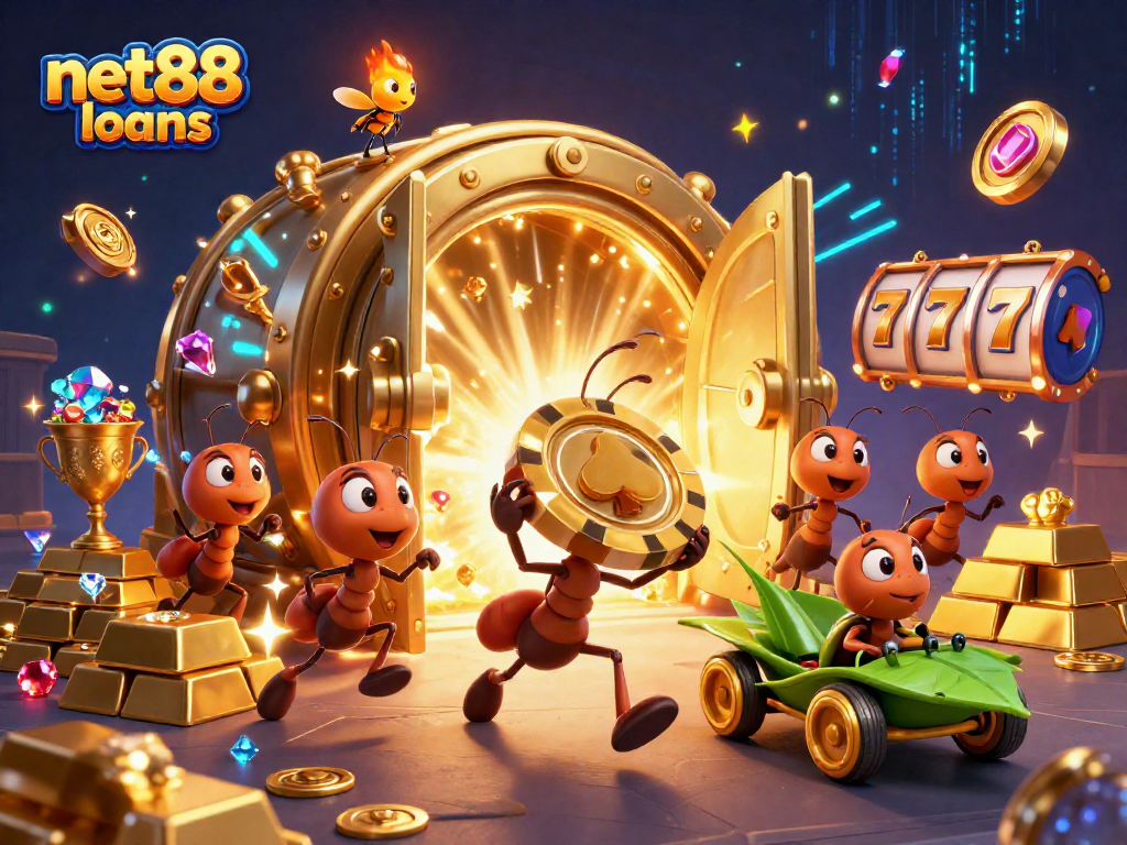 Engage with net88 loans at a vibrant, dynamic casino heist scene featuring playful ants and rich treasures.