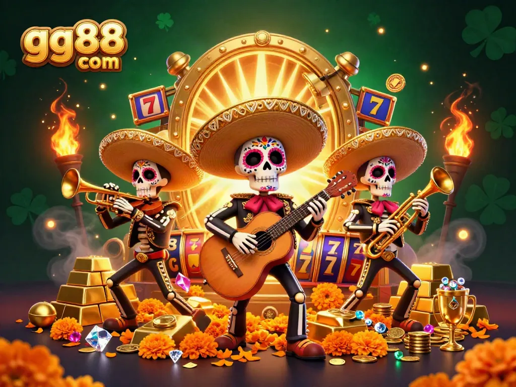 Experience the thrill of gambling with gg88 com's vibrant 3D rendering of a mariachi band amidst golden treasures and slot reels.