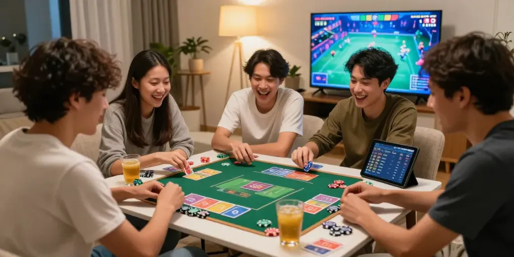Friends enjoying a lively game of 3 Patti no1 with cards and chips in a cozy setting.