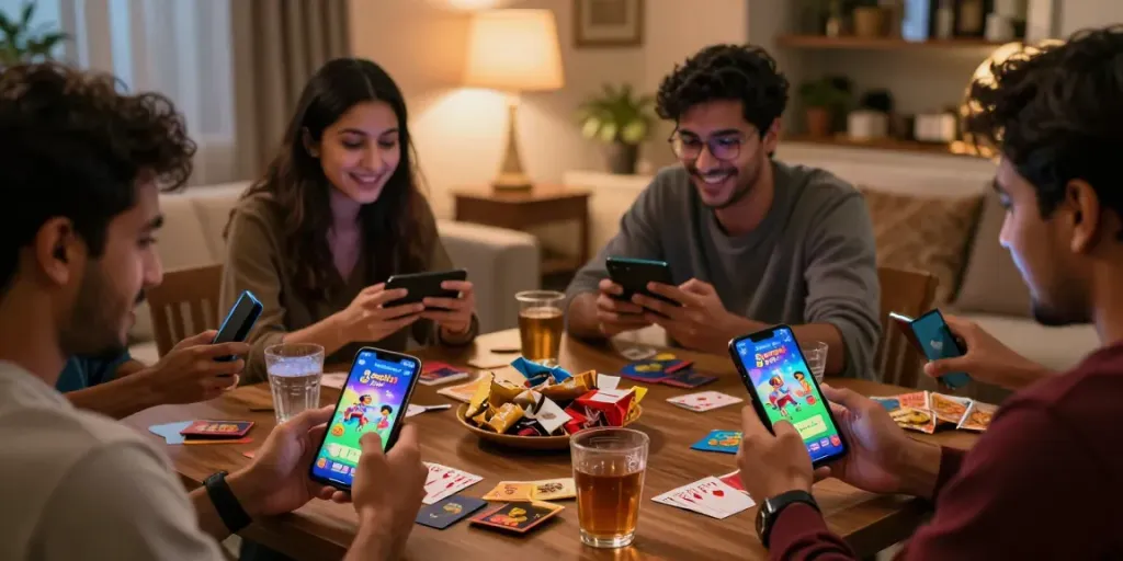 Exciting moment of players enjoying 3 Patti No1 Teen Patti game on smartphones in a lively game night environment.