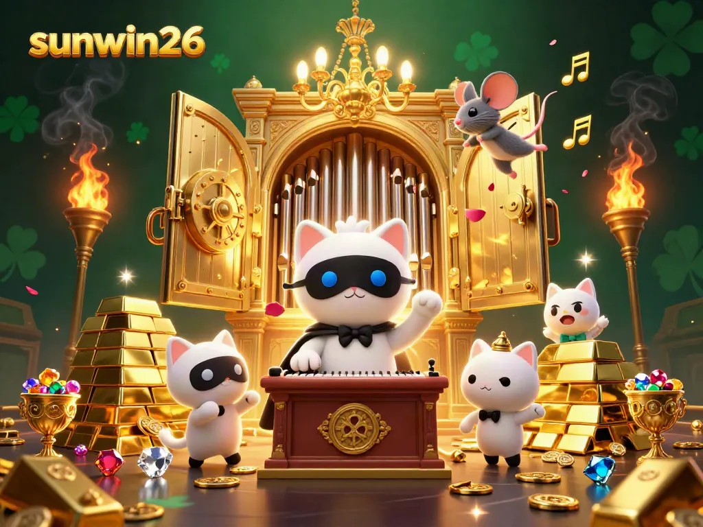Join the excitement at sunwin26 with a phantasmagoric 3D casino scene showcasing treasures and acrobatic magic.