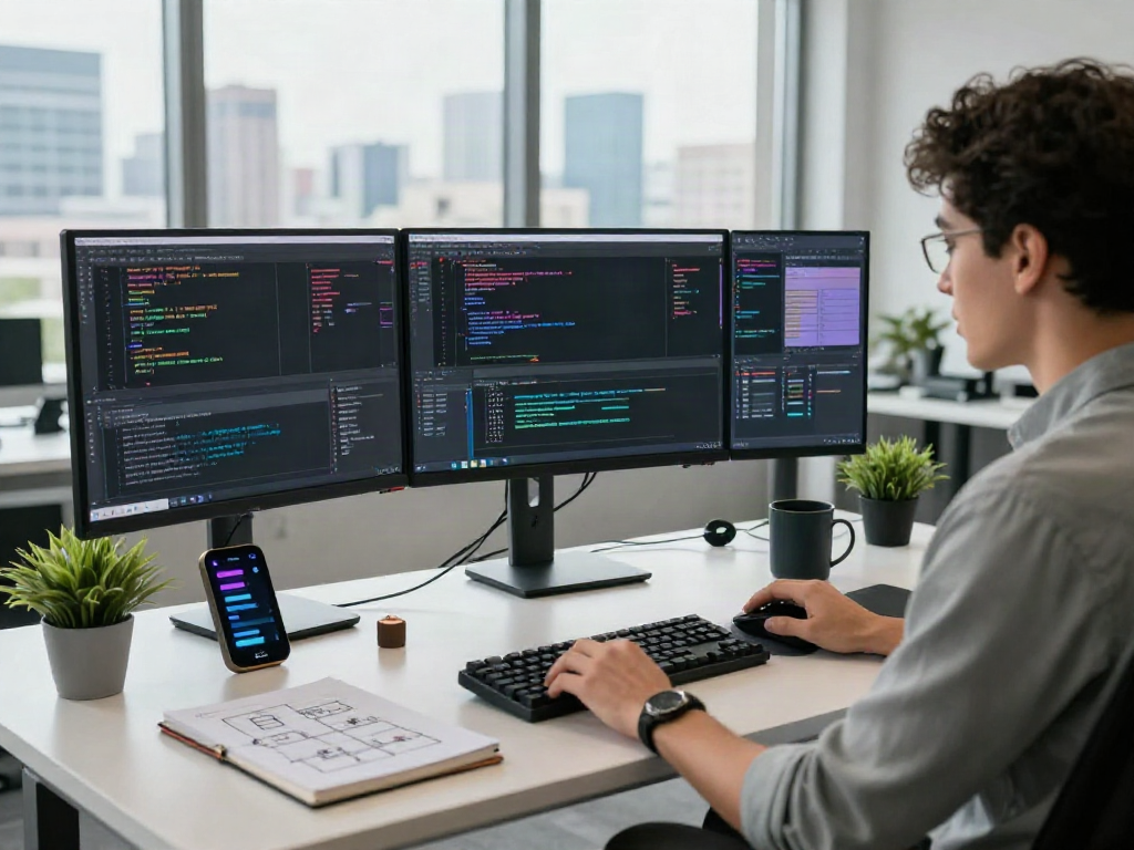 Developer engaged in coding at a modern workspace, showcasing crushon ia technology integration.