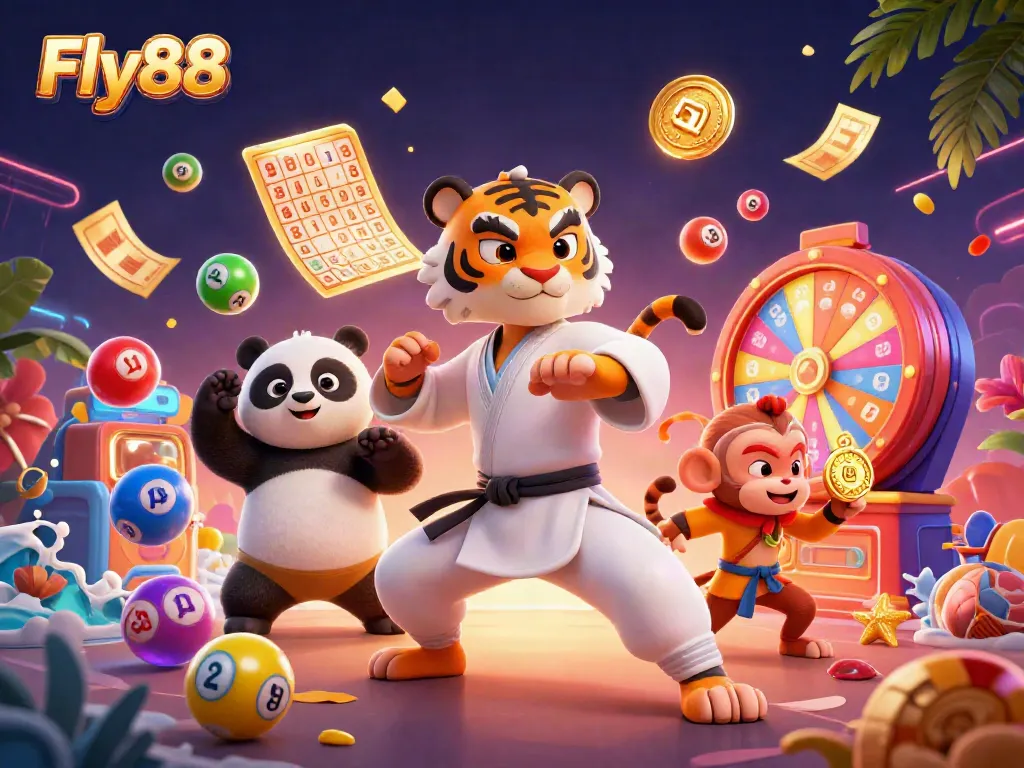 Experience the excitement of Fly88 with a vibrant 3D illustration of a Kung Fu master and playful characters in a gaming scene.