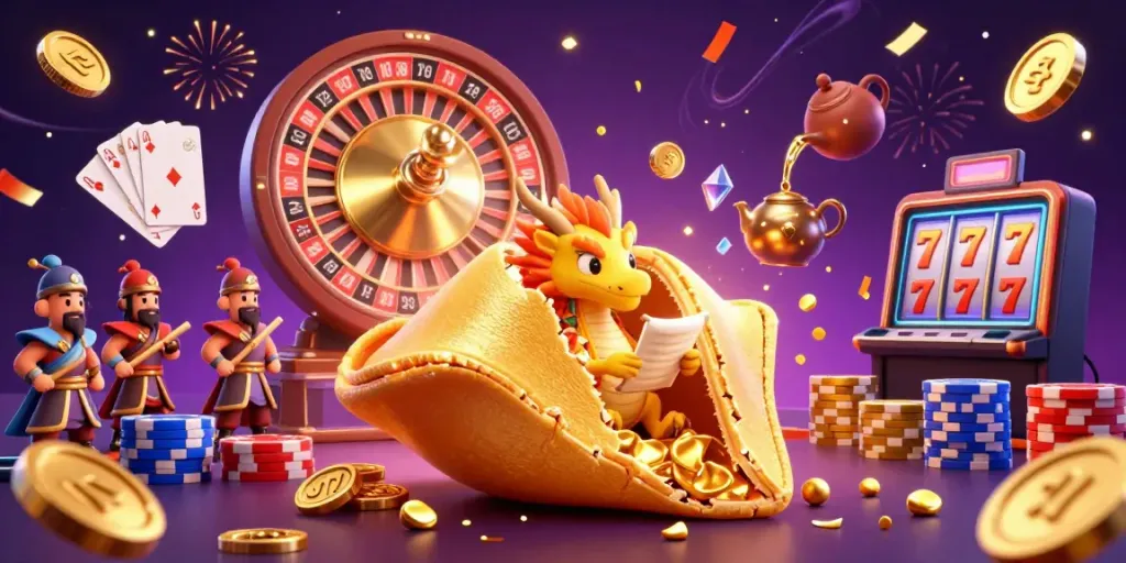 Bwing casino scene with a golden fortune cookie, wise dragon, and dynamic gambling elements for excitement.