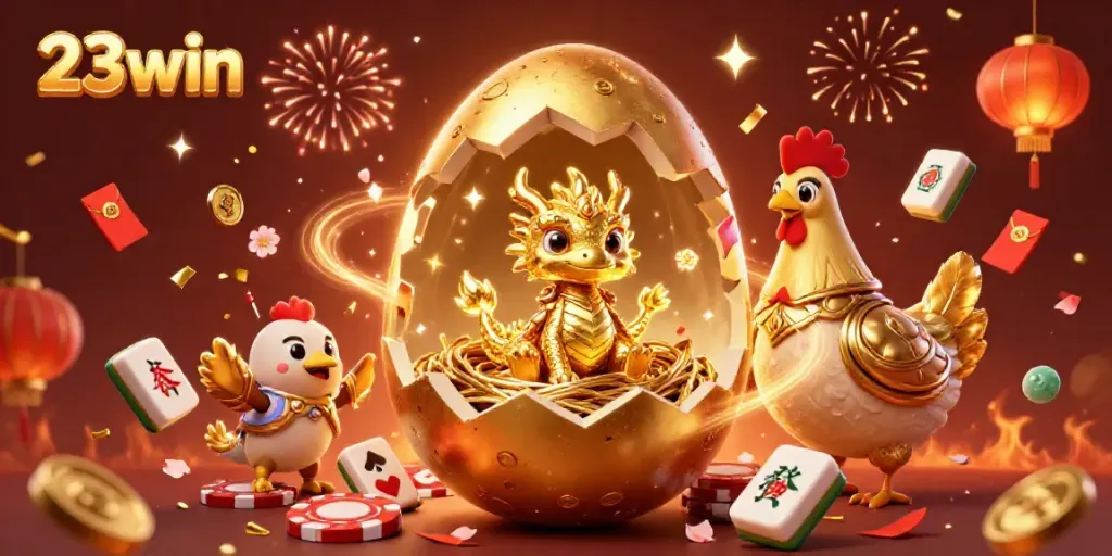 Experience the thrill at 23win with a golden dragon and poker chips amidst dazzling celebrations.