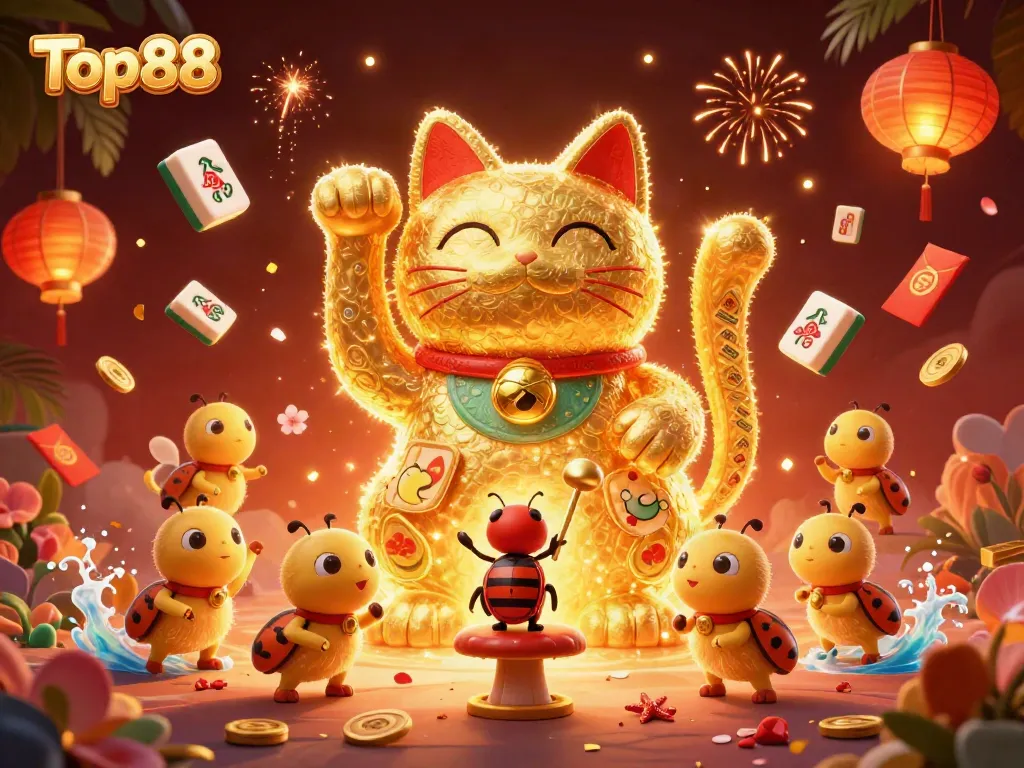 Top88 engages players with a vibrant scene where a lucky cat forms from fireflies and floating casino symbols.