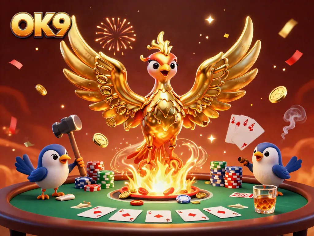 Experience the excitement of casino gaming at OK9 with a vibrant, dynamic poker scene featuring a golden phoenix.